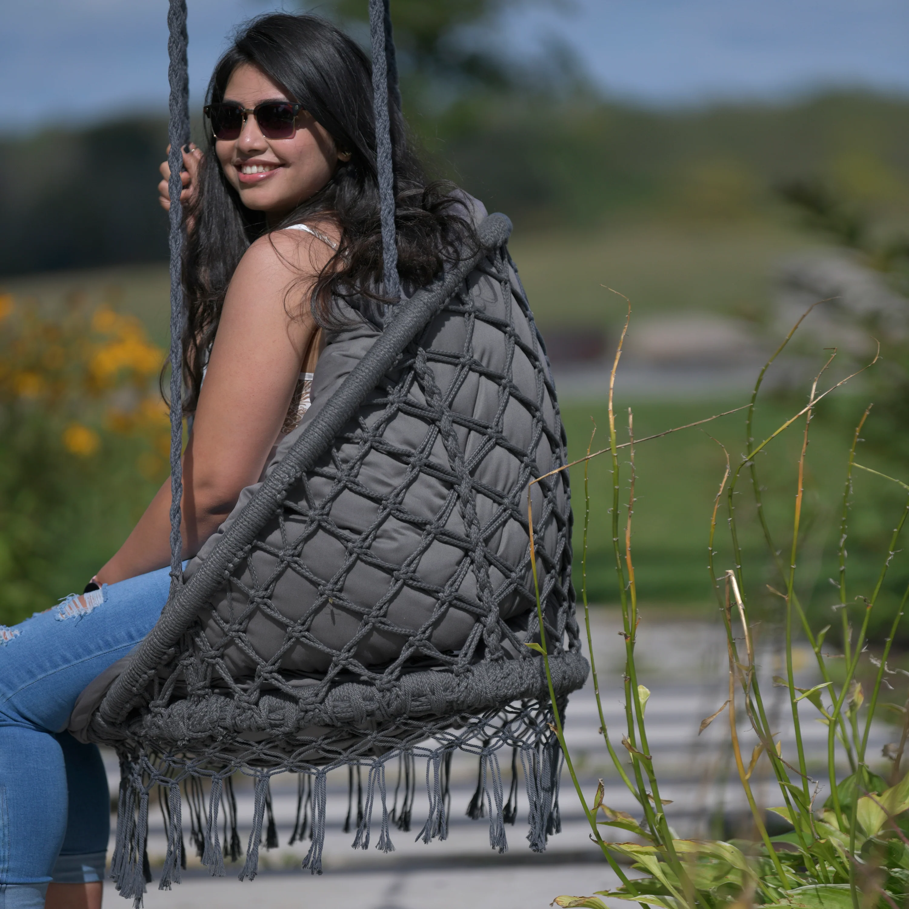 Deluxe Macrame Chair With Fringe - Fog Gray - Image 4