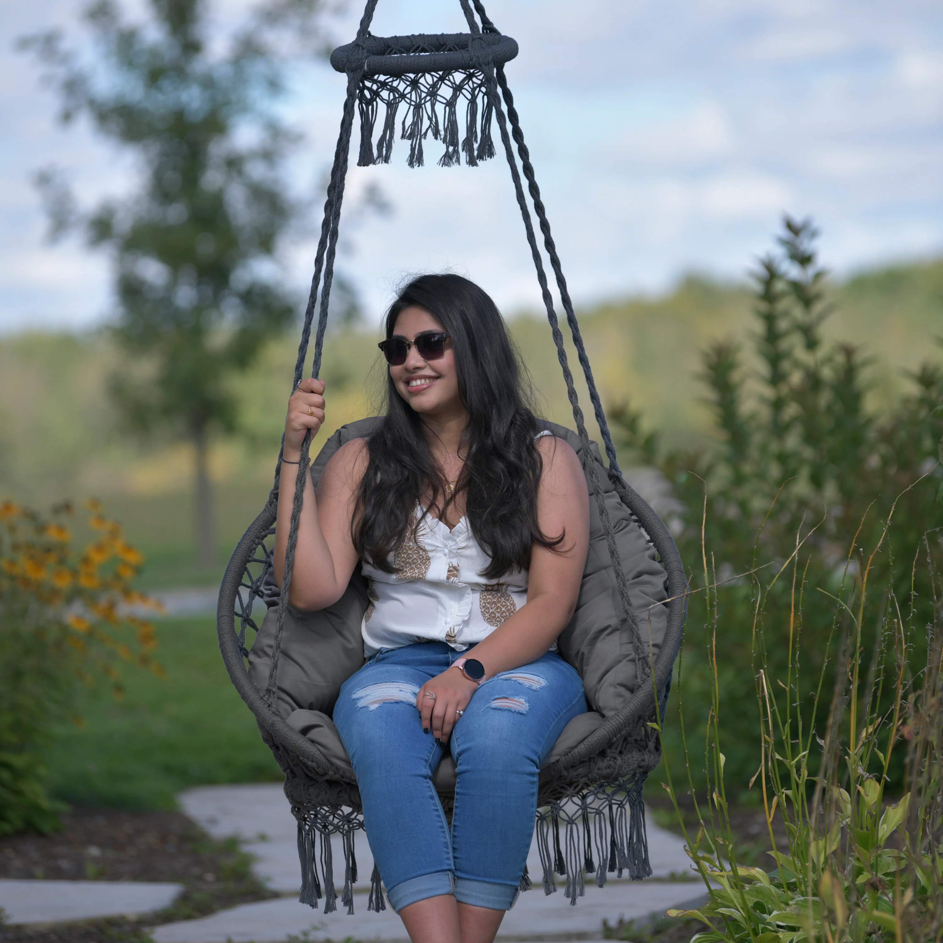 Deluxe Macrame Chair With Fringe - Fog Gray - Image 5