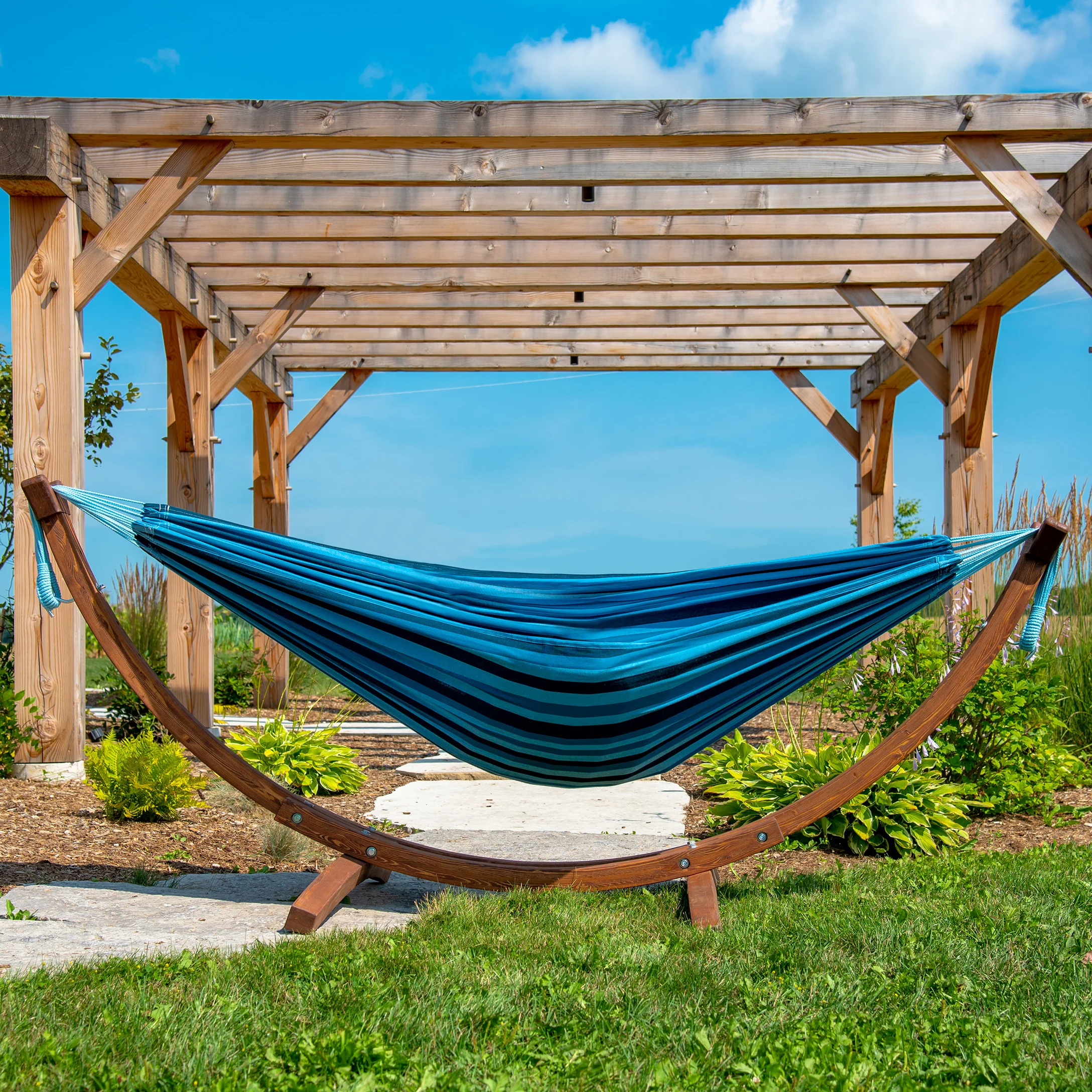Double Cotton Hammock with Solid Pine Stand (8ft/260cm) - Blue Lagoon - Image 3