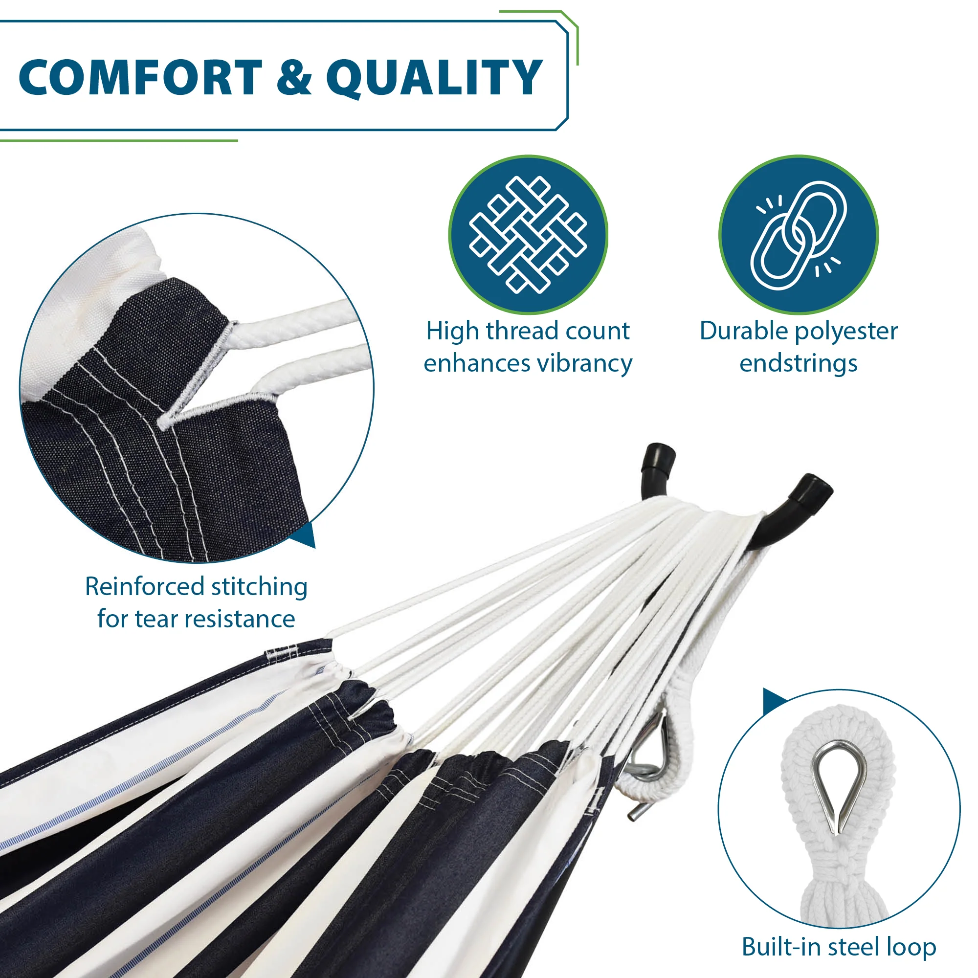 Double Cotton Hammock with Solid Pine Stand (8ft/260cm) - Harbor - Image 6