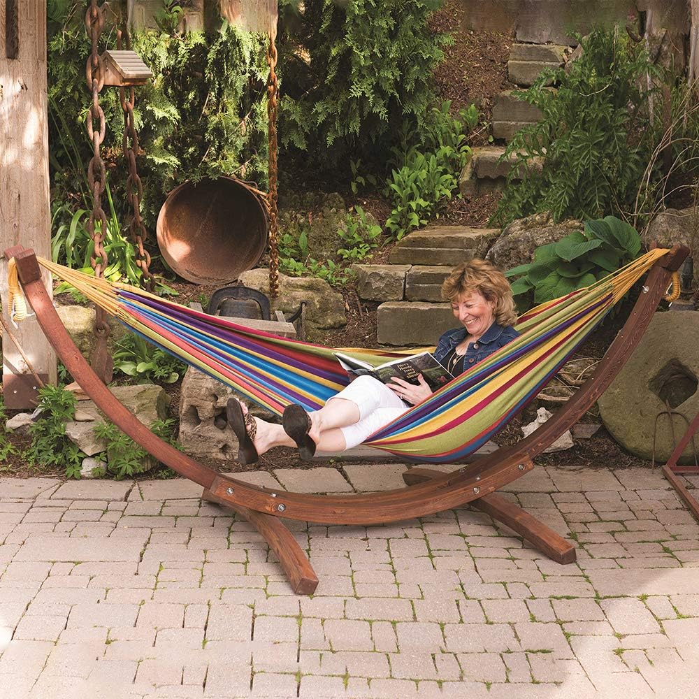 Double Cotton Hammock with Solid Pine Stand (8ft/260cm) - Tropical - Image 4