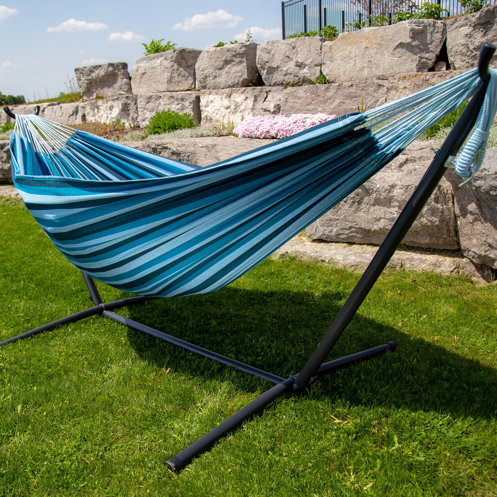 Double Cotton Hammock with Stand (9ft/280cm) - Blue Lagoon - Image 4
