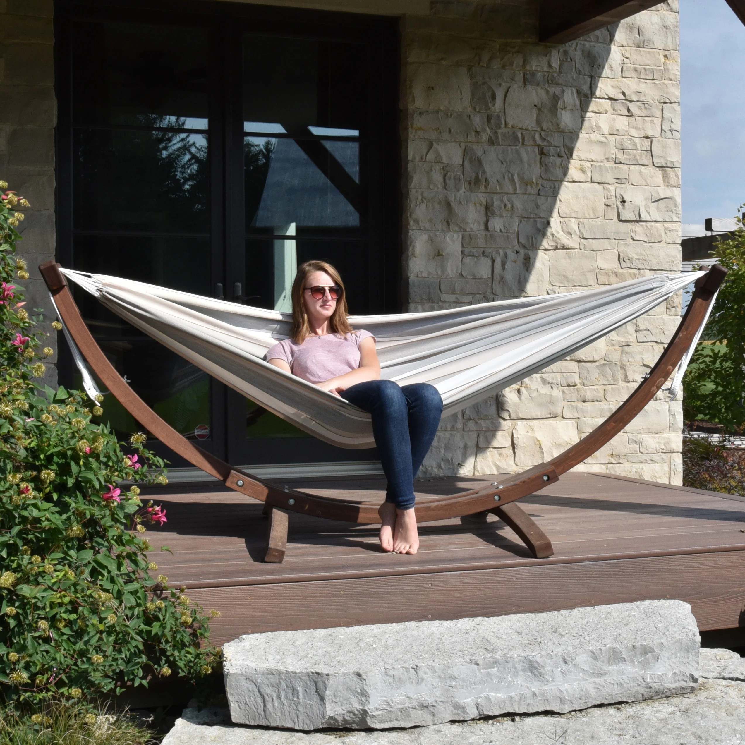 Double Sunbrella® Hammock with Solid Pine Stand (8ft/260cm) - Dove - Image 3